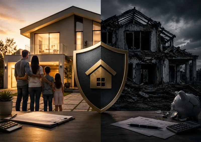 Casa protegida ao entardecer ao lado de uma casa destruída por incêndio, simbolizando o subseguro