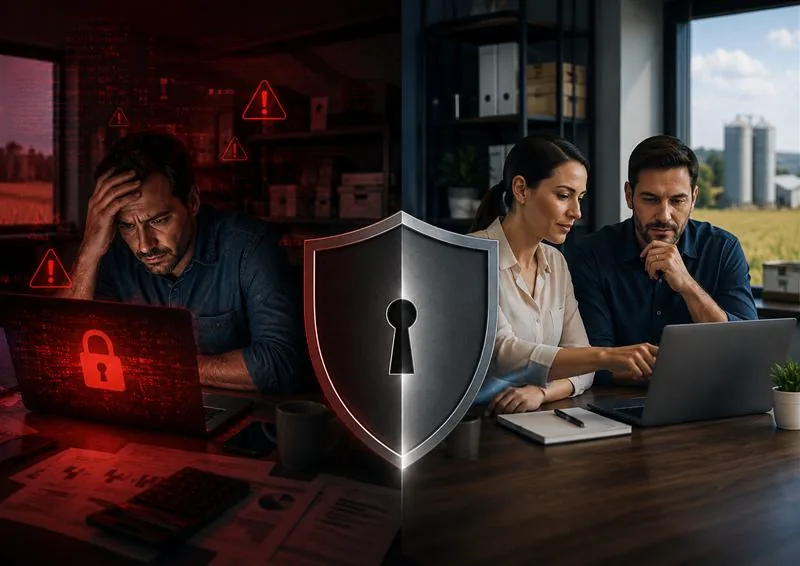 Profissional afetado por ataque de ransomware ao lado de equipe protegida digitalmente