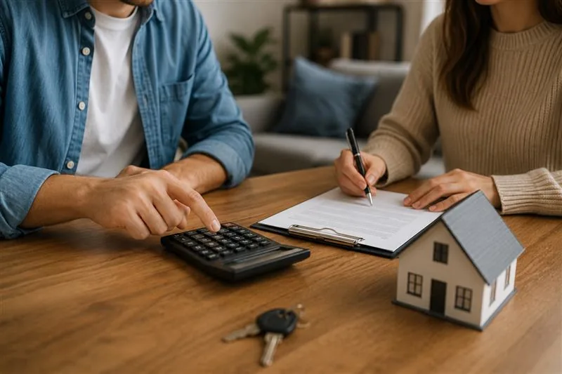 Casal assinando contrato de aluguel com calculadora e maquete de casa sobre a mesa