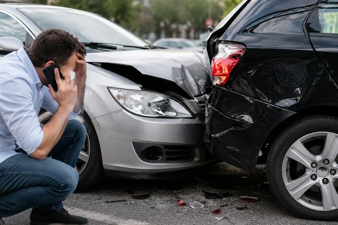 Homem ao telefone após uma colisão entre dois carros