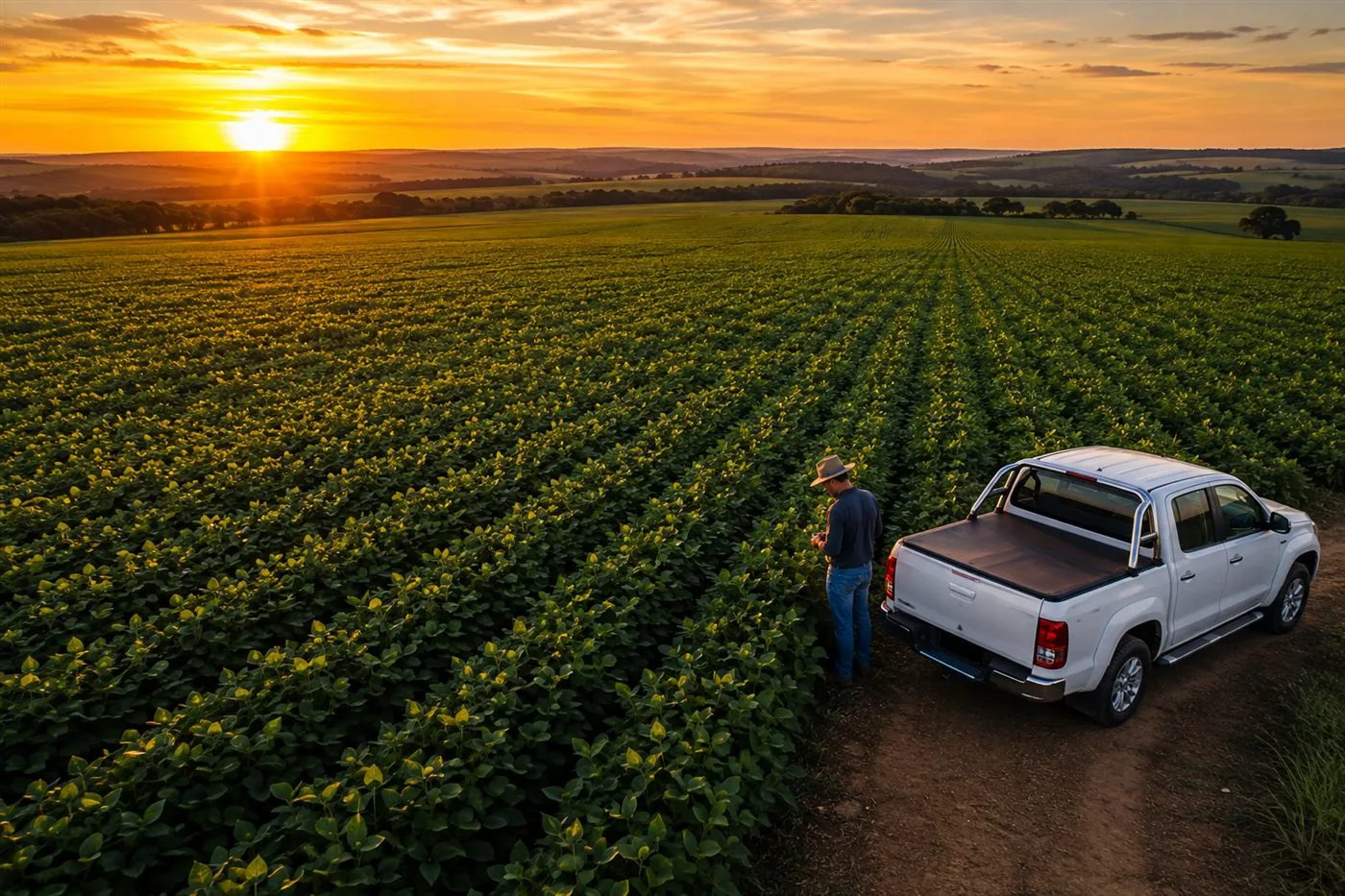 Produtor rural observando plantação de soja ao amanhecer