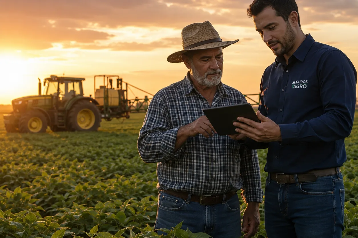 Corretor e produtor rural conferindo a lavoura no tablet, ao pôr do sol
