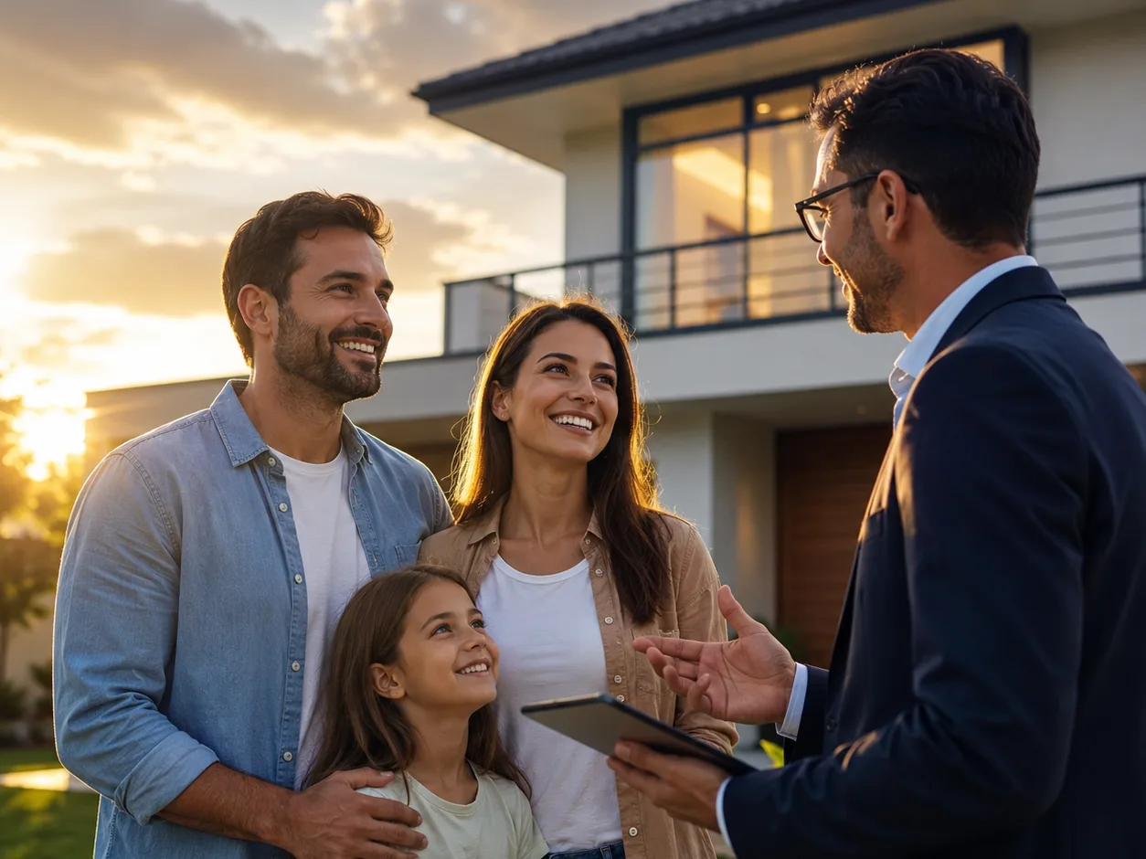 Corretor conversando com uma família em frente à casa dela